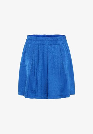 Blauwe shorts met een zachte textuur, voorzien van plooien en een elastische tailleband. De stof heeft een subtiel patroon, wat visuele interessantheid toevoegt.