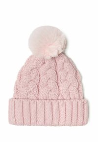 Knit pink beanie with a fluffy pom-pom, featuring a cable pattern and ribbed cuff for added texture. Soft, warm fabric suitable for winter.