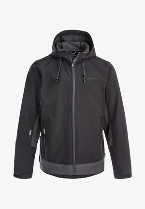 Sort vandtæt jakke med hætte, featuring en lynlåslukning fortil, justerbare snore og en glat overflade. Inkluderer sidelommer.