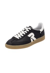 Scarpe sportive nere con accenti bianchi, dotate di una tomaia in pelle texturizzata, suola in gomma e lacci bianchi piatti. Caratterizzate da un dettaglio con logo.