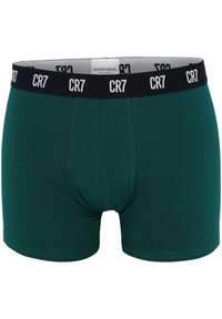 Boxer shorts de algodón verde oscuro con una cinturilla negra que presenta "CR7" en letras blancas y un diseño de bolsa frontal.