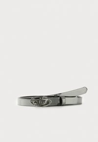 Metallic gray belt with a smooth texture, oval silver buckle featuring a cut-out design, and a sleek, minimalist shape.