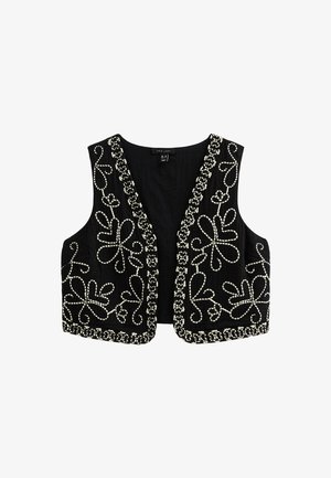 Black sleeveless vest with floral bead embroidery along the edges. Textured fabric and open front design, creating a relaxed silhouette.