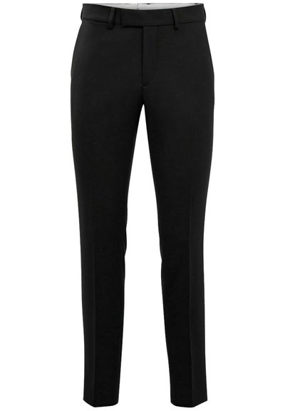 Črne krojene hlače s slim fit krojem, gladka tkanina, zanka za pas, in ravna sprednja stran. Oblikovane z stranskimi žepi in krojenimi robovi.