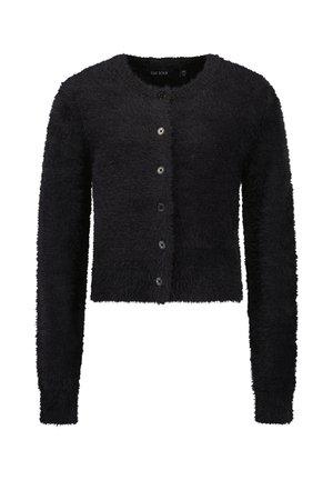 Schwarzer flauschiger Langarm-Cardigan mit rundem Ausschnitt und fünf Knöpfen vorne, entworfen für ein Kind oder einen Teenager.