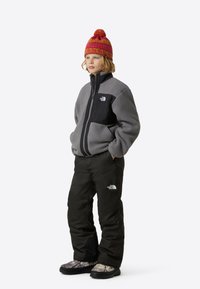 Siva flis jakna s črnimi poudarki, črne smučarske hlače in rdeča pletena kapa z cofkom, ki jih nosi otrok na nevtralnem ozadju.