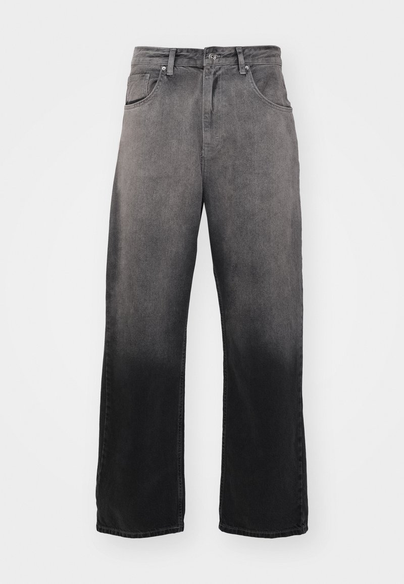 Jeans de tiro alto y pierna recta con un desvanecimiento de gris en la parte superior a negro en la parte inferior, que cuentan con bolsillos frontales y passadores para cinturón.