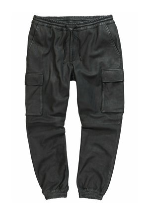 Sorte cargo jogger-bukser i læder med elastisk taljebånd, snøre, sidelommer, klaplommer på lårene og elastiske manchetter.