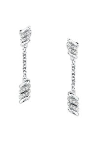 Orecchini pendenti in argento con un design intrecciato, caratterizzati da cristalli circolari trasparenti disposti in due file sovrapposte. Anelli testurizzati collegano i componenti.