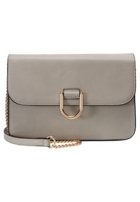 Szara skórzana torebka z złotym pierścieniem na przodzie, posiadająca klapę z zakładką oraz łańcuchowy pasek dla większej wszechstronności. Gładka faktura.