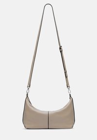 Beige Lederhandtasche in runder Form, mit verstellbarem Tragegurt und kontrastierenden schwarzen Akzenten. Glatte Textur mit minimalen Hardware-Details.