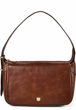 Borsa a tracolla in pelle marrone con cerniera dorata e piccolo logo dorato al centro davanti su sfondo bianco.