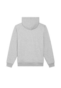 Sweat-shirt à capuche gris au tissu doux, avec une poche kangourou, des poignets côtelés et un ourlet. La vue de dos montre les détails des coutures et le contour de la capuche.