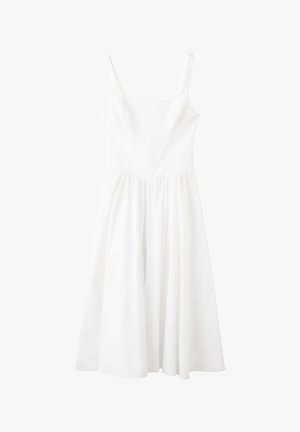 Vestido blanco sin mangas con escote cuadrado y cintura fruncida, con falda fluida de largo midi.