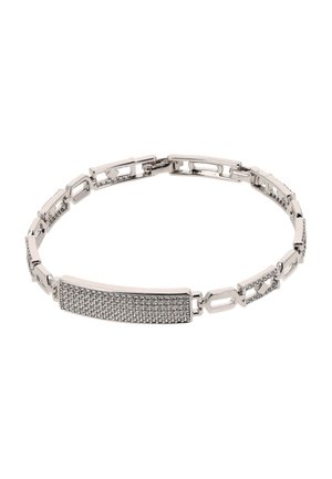 Silberarmband mit einem rechteckigen zentralen Element, das mit kleinen Steinen verziert ist, und einem Gliederketten-Design mit polierten Akzenten.