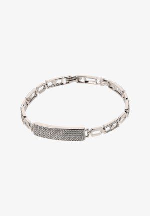 Hopeaketju, jossa on suorakaiteen muotoinen keskilevy, joka on koristeltu pienillä kivillä, ja liitetty ketjurakenne kiillotetuilla yksityiskohdilla.