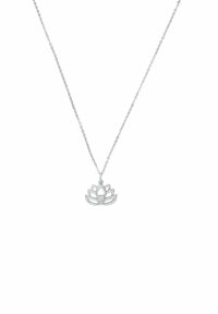Collana con pendente a forma di loto in argento, dotata di una delicata catena. Il pendente presenta petali sovrapposti e un accento di gemma centrale. Finitura liscia e lucida.