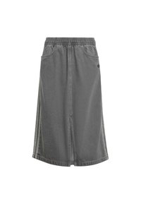 Grå denimskjørt med elastisk midje, to frontlommer, sidesømmer og et frontslipp for økt bevegelsesfrihet. Uformell design.