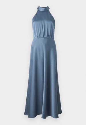 Abito blu con scollo all'americana realizzato in tessuto texturizzato, con corpetto aderente e gonna fluida, dotato di una cintura elastica e senza hardware visibile.