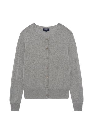 Cardigan grigio realizzato in morbido tessuto a maglia. Presenta un colletto rotondo, chiusura a bottoni e polsini e orlo a coste. Design semplice e classico.