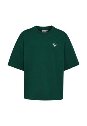 Dunkelgrünes T-Shirt mit kurzen Ärmeln und Rundhalsausschnitt mit kleinem weißem Bienenlogo auf der linken Brust.