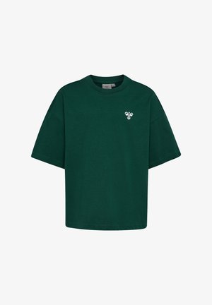 Dunkelgrünes T-Shirt mit kurzen Ärmeln und Rundhalsausschnitt mit kleinem weißem Bienenlogo auf der linken Brust.