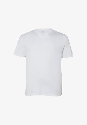 Weißes T-Shirt mit kurzen Ärmeln und V-Ausschnitt, schlichtes Design, flach auf einer Oberfläche liegend dargestellt.