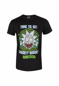 Sort t-shirt i sort bomuld med en tegneseriefigur med et stjerneformet hoved, grønne detaljer og hvid tekst, der står "TID TIL AT BLIVE RIGGITY-RIGGITY RØVBANKET."