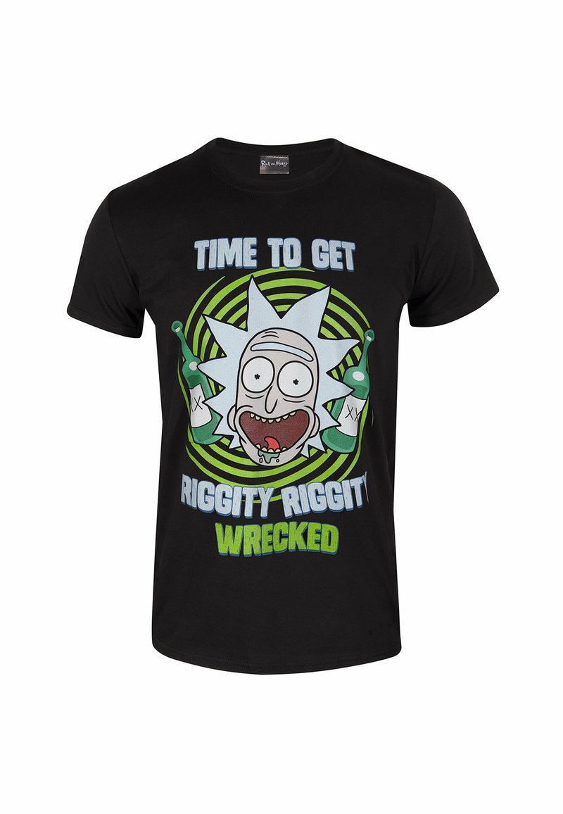 Sort t-shirt i sort bomuld med en tegneseriefigur med et stjerneformet hoved, grønne detaljer og hvid tekst, der står "TID TIL AT BLIVE RIGGITY-RIGGITY RØVBANKET."
