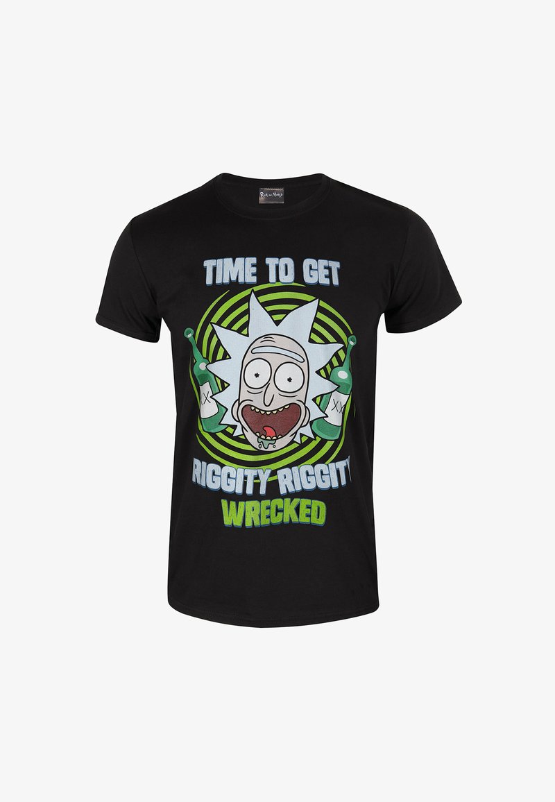 Černé bavlněné tričko s potiskem kreslené postavičky s hvězdovitou hlavou, zelenými akcenty a bílým textem "JE ČAS SE TOTÁLNĚ ZNIČIT."