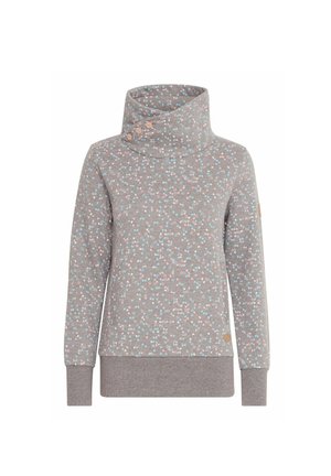 Sweatshirt gris à col montant, avec un motif floral en rose et bleu, en tissu texturé, et des accents de boutons au niveau du col.