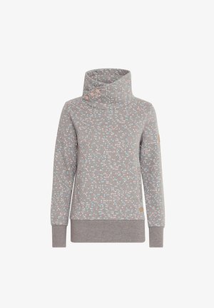 Grauer Pullover-Sweatshirt mit hohem Kragen, mit einem floralen Muster in Pink und Blau, texturiertem Stoff und Knopfakzenten am Kragen.