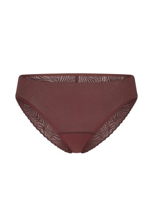 Ruskokangas bikinitrusset, jossa on hillitty lehtikuvio ja aaltoilevat reunat, esiteltynä valkoista taustaa vasten.