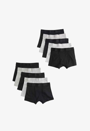 Set van shorts in zwart, grijs en lichtgrijs. Zacht, rekbaar materiaal met taillebanden. Verschillende lengtes en kleuren in rijen uitgelijnd.