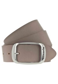 Cintura in pelle marrone con una fibbia rettangolare argentata, caratterizzata da un logo del marchio e una texture liscia. La cinghia presenta diversi fori per la regolazione.