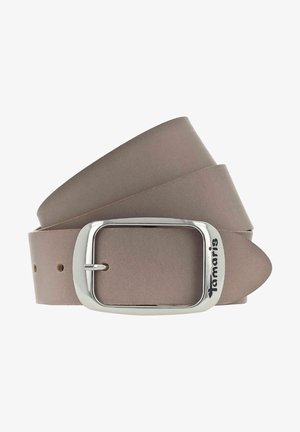 Ceinture en cuir marron avec une boucle rectangulaire en argent, arborant un logo de marque et une texture lisse. La sangle possède plusieurs trous pour un ajustement.
