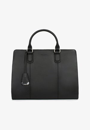 Black leather handbag with a structured design, dual top handles, silver hardware accents, and a tag attached to one handle.