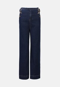 Donkerblauwe denim broek met wijdere pijpen en hoge taille, voorzien van knopen aan de zijkanten en subtiele stiksels langs de zoom.
