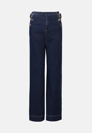 Pantaloni larghi in denim blu scuro con vita alta, caratterizzati da dettagli a bottoni sui lati e cuciture sottili lungo l'orlo.