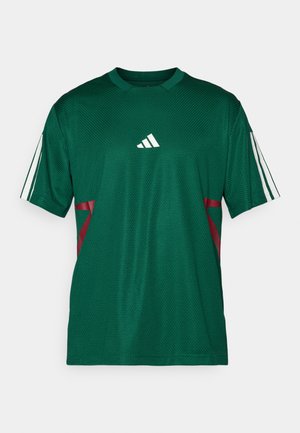 Green polyester sports jersey with a textured finish. Features white stripes on sleeves and red accents on sides. Includes Adidas logo on chest.