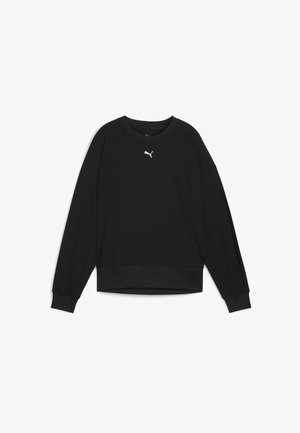 Fekete pulóver hosszú raglán ujjakkal, kerek nyakkal és bordázott mandzsettákkal. A mellkason egy kis fehér logó található. Simább anyagszerkezet.