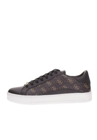 Sneaker nera con tomaia a motivo marrone scuro, dotata di punta rotonda, lacci e suola in gomma bianca. Accenti del logo sui lati.