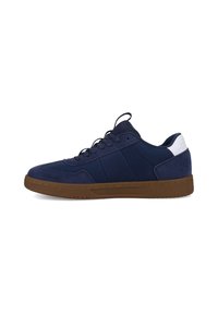 Navy blue sneaker with suede and synthetic upper, featuring perforated panels, tonal stitching, and a brown rubber outsole. White heel accent.