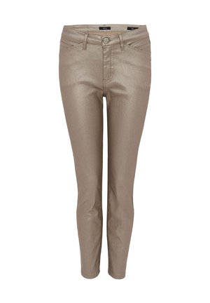 Beige, fitted jeans made of shiny material, featuring a zip and button closure, five pockets, and subtle stitching details.