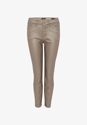 Beige, fitted jeans made of shiny material, featuring a zip and button closure, five pockets, and subtle stitching details.