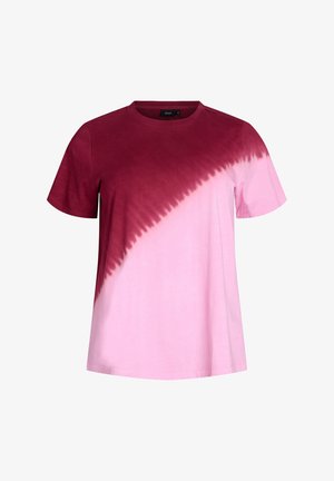 Short-sleeve T-shirt featuring a diagonal tie-dye pattern transitioning from deep burgundy to light pink, made of soft cotton fabric.