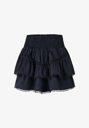 Mini falda negra con volantes, cintura fruncida y detalles de encaje a lo largo de las capas fruncidas y el dobladillo.