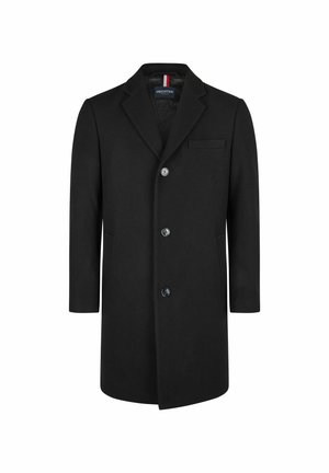 Cappotto da uomo neri a un bottone con tre pulsanti, colletto a scollatura, due tasche frontali e una tasca welt sul petto, etichettato Hechter Paris.