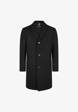 Cappotto da uomo neri a un bottone con tre pulsanti, colletto a scollatura, due tasche frontali e una tasca welt sul petto, etichettato Hechter Paris.