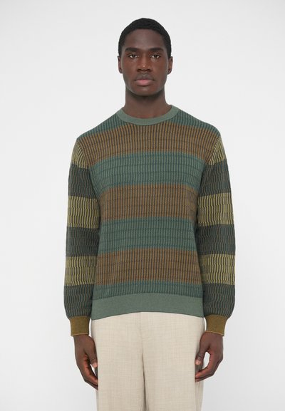 Pull tricot multicolore présentant des rayures vertes, marron et dorées, avec une texture côtelée et un col rond. Associé à un pantalon clair.